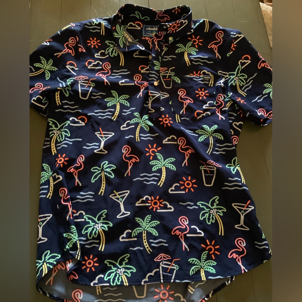 Chubbies Black Shirt with Neon Tropical Accents Large